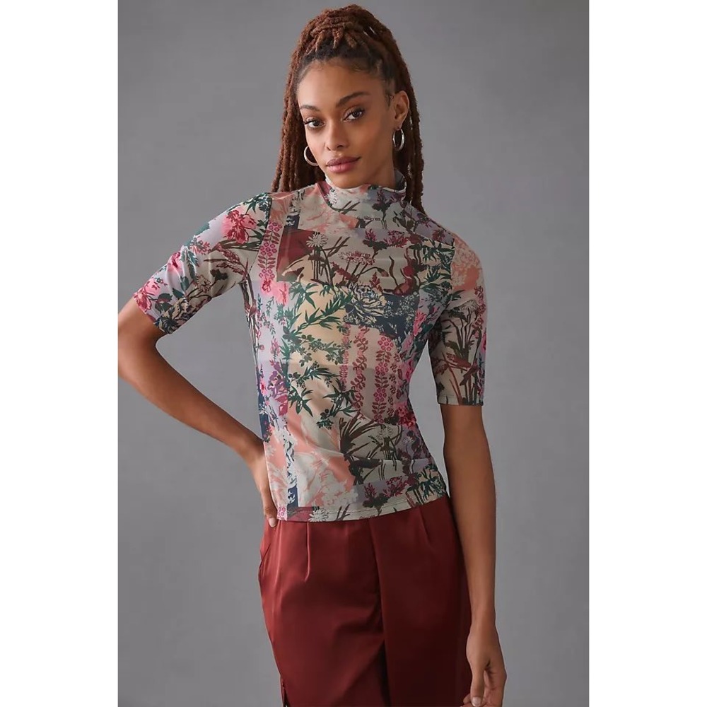 Anthropologie Sheer Mesh Printed Long Sleeve Turtleneck Top Small Pink Floral